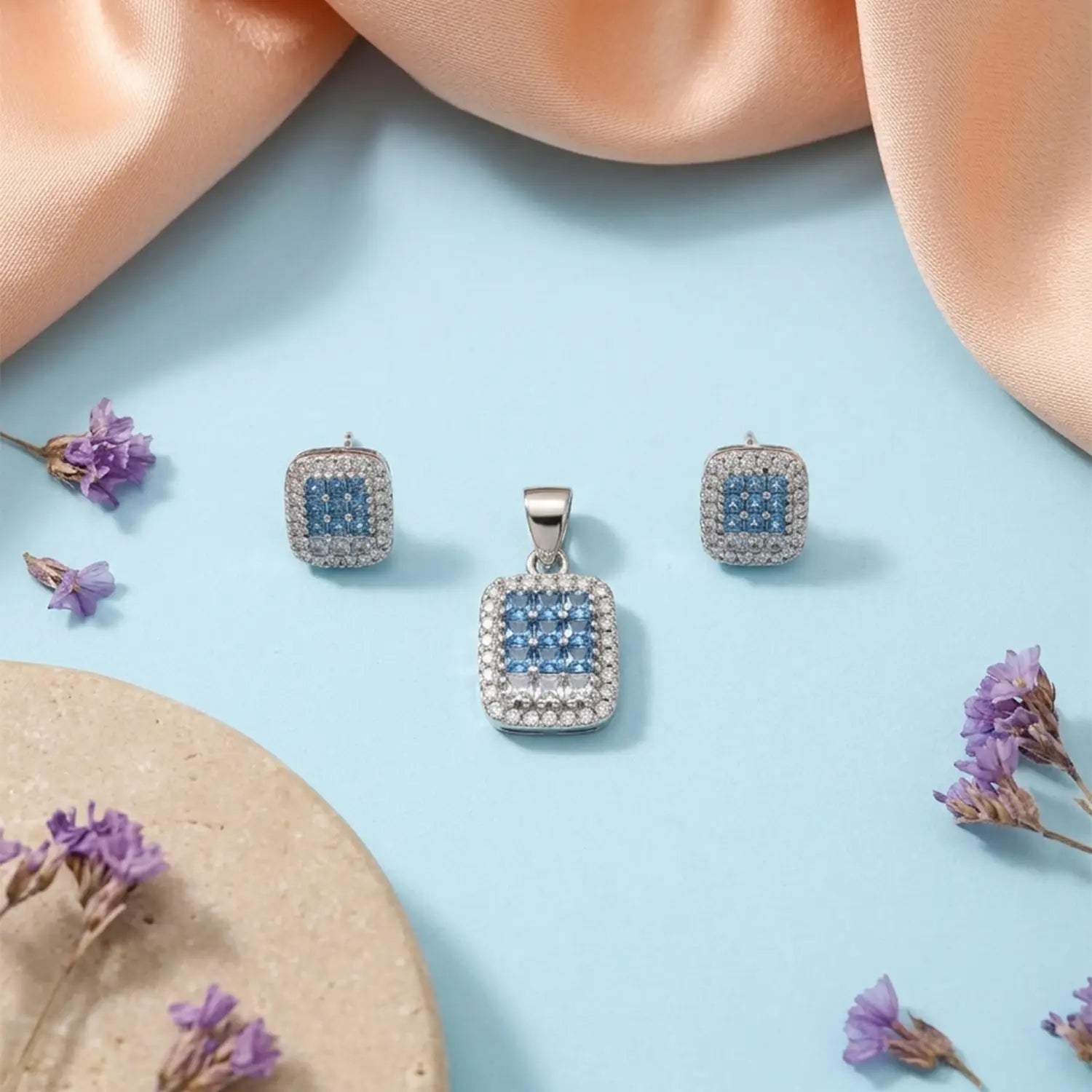 Elegant Pure Silver Blue CZ Square Pendant Set - Made With Pure 925 Silver