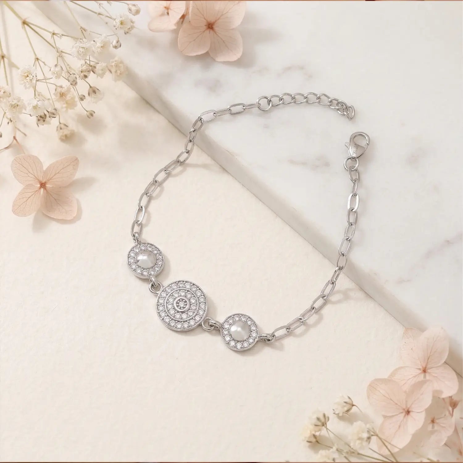 Elegant Circular Charm CZ Pure Silver Bracelet - Made With Pure 925 Silver
