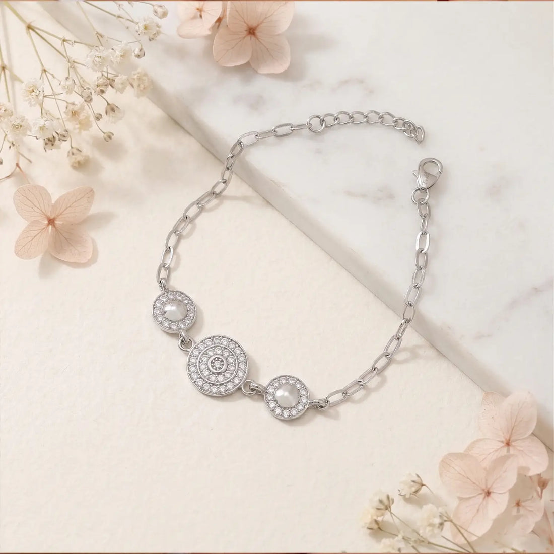 Elegant Circular Charm CZ Pure Silver Bracelet - Made With Pure 925 Silver
