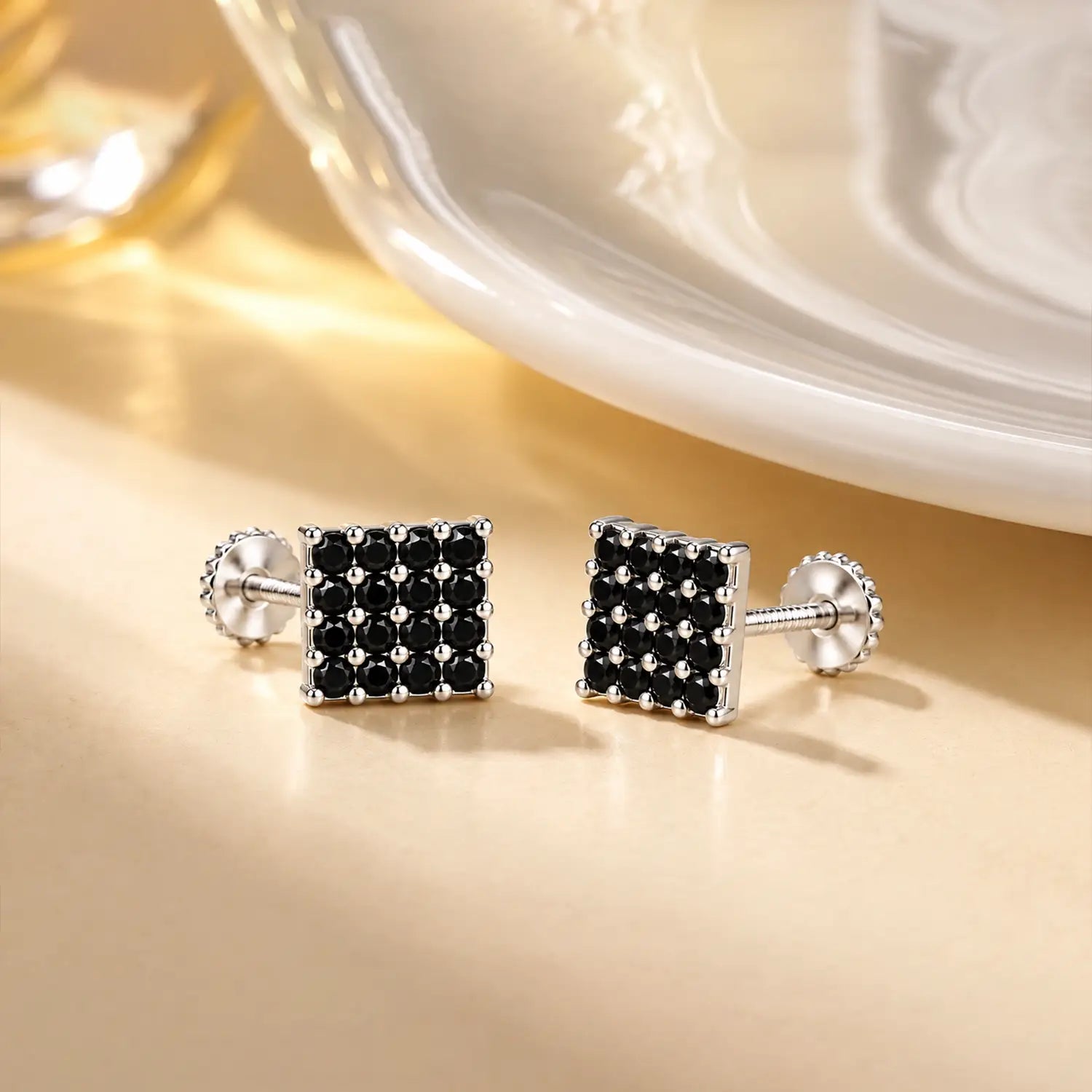 Black Stone Square Silver Stud Earrings - Made With Pure 925 Silver