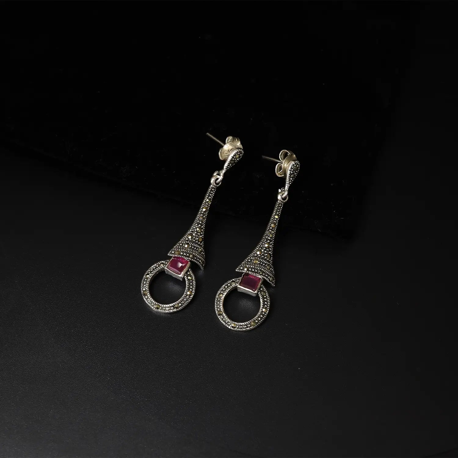 Noor Red Stone Oxidized Silver Drop Earrings- Made With Pure 925 Silver