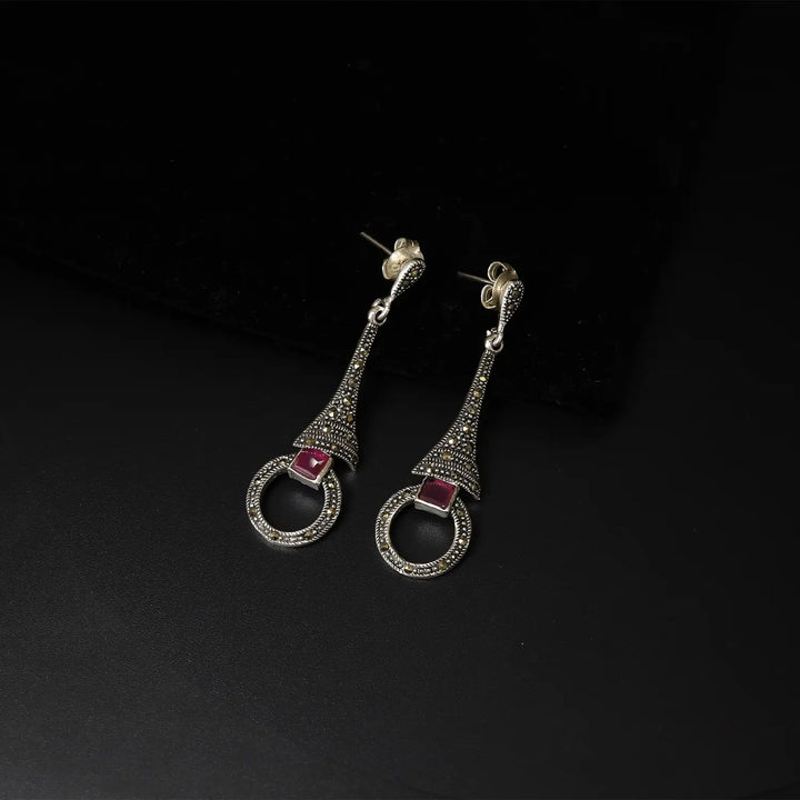 Noor Red Stone Oxidized Silver Drop Earrings- Made With Pure 925 Silver
