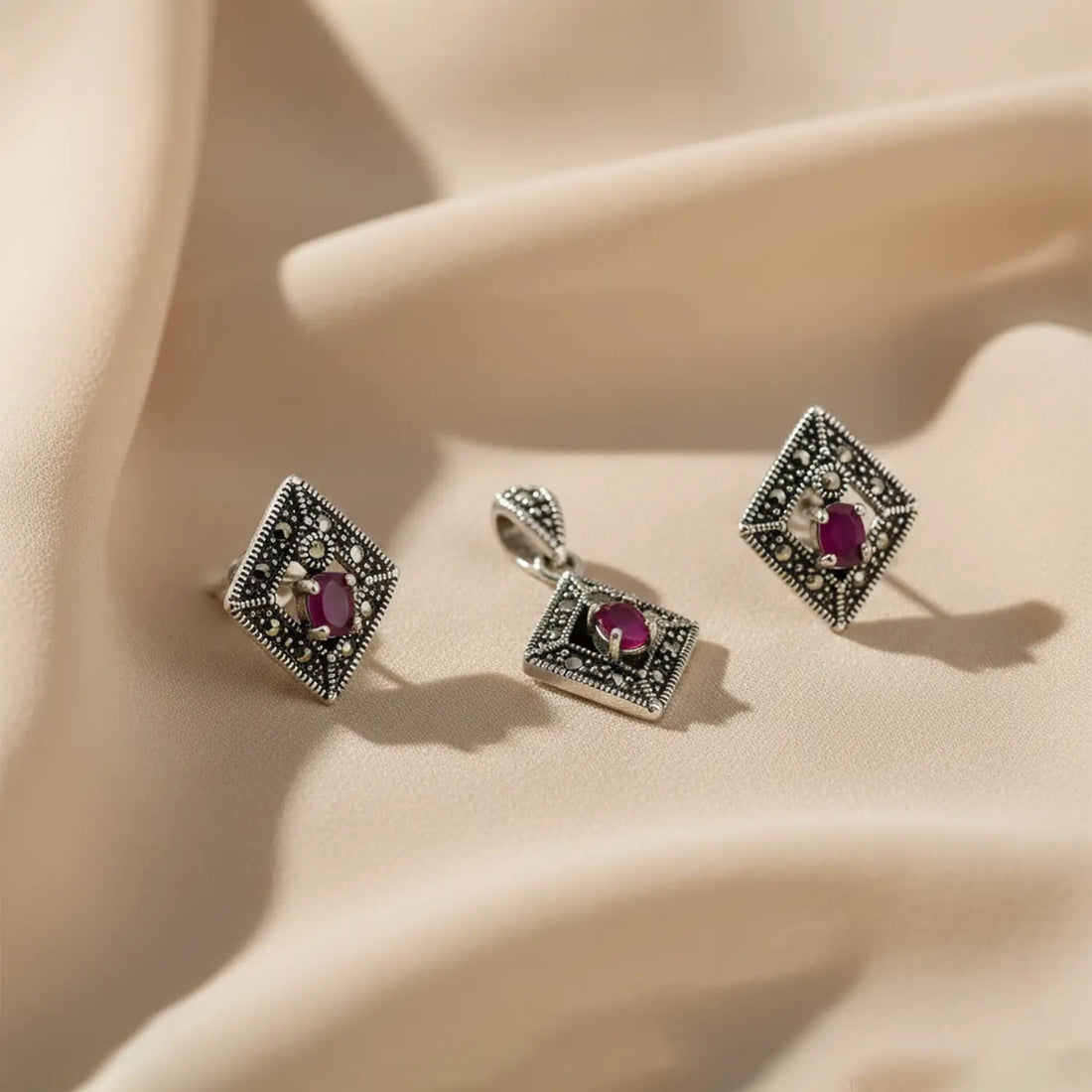 Oxidised Silver Ruby Stone Pendant & Earring Set - Made With Pure 925 Silver