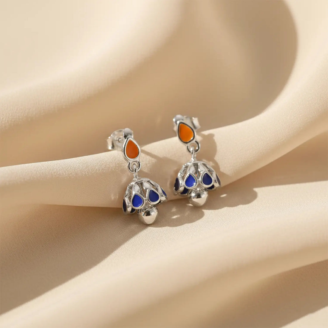 Elegant Blue & Orange Drop Jhumki Earrings - Made With Pure 925 Silver