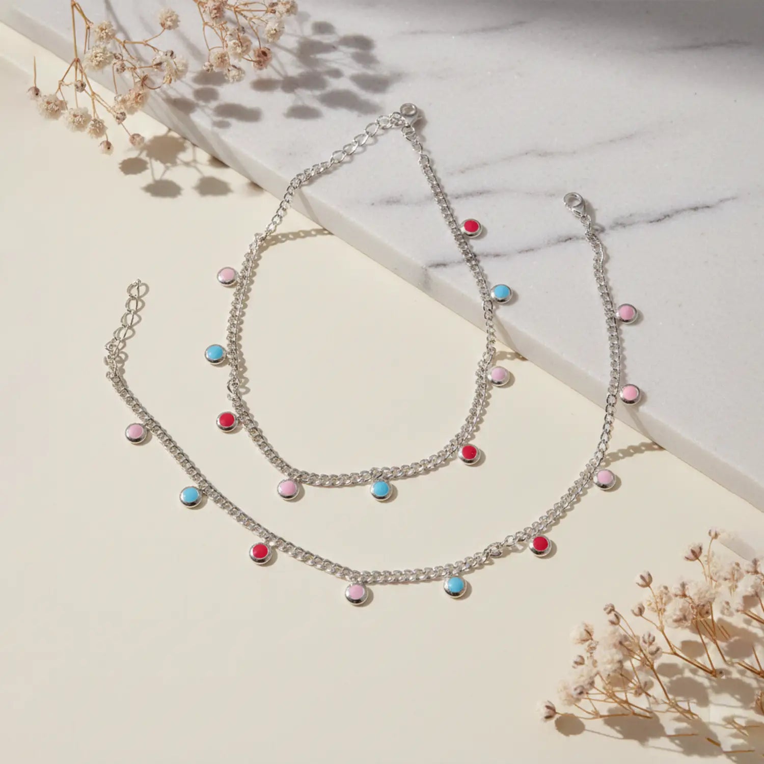 Multicolor Charm Pure Silver Anklet- Made With Pure 925 Silver