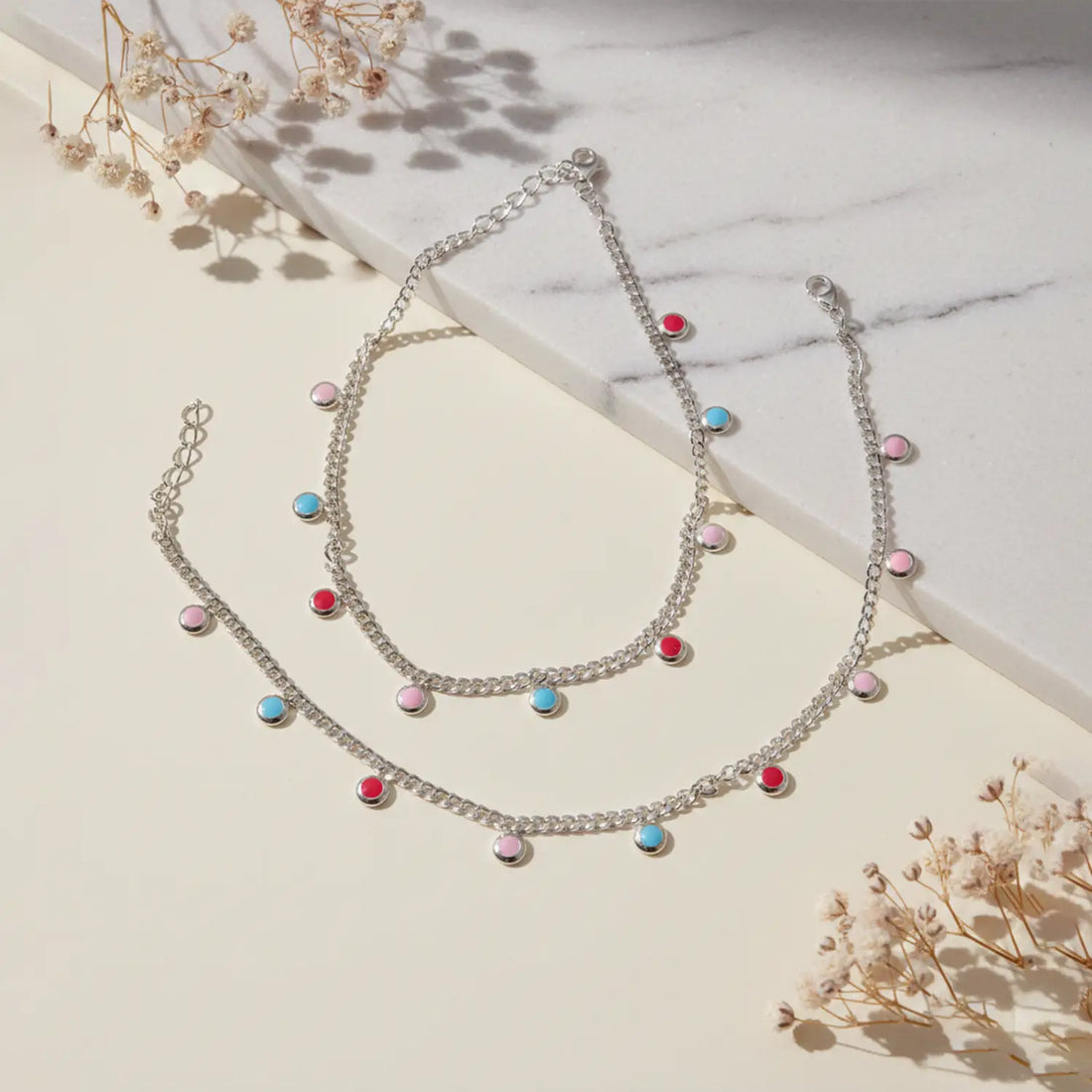 Multicolor Charm Pure Silver Anklet- Made With Pure 925 Silver