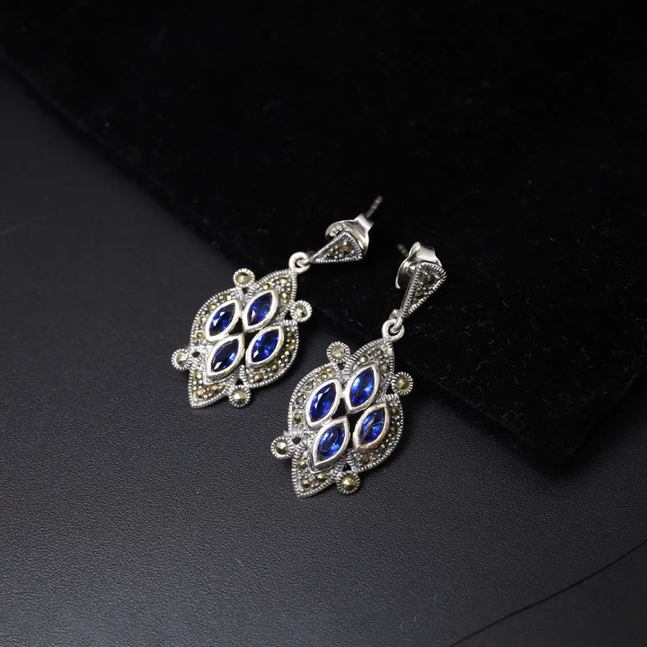 Royal Blue Marquise Oxidized Silver Drop Earrings- Made With Pure 925 Silver