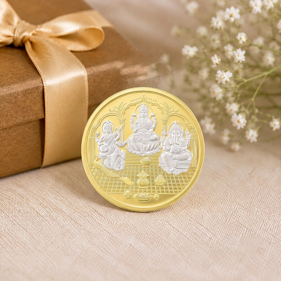 Lakshmi Ganesh Saraswati Gold-Plated Silver Coin - Made With Pure 925 Silver