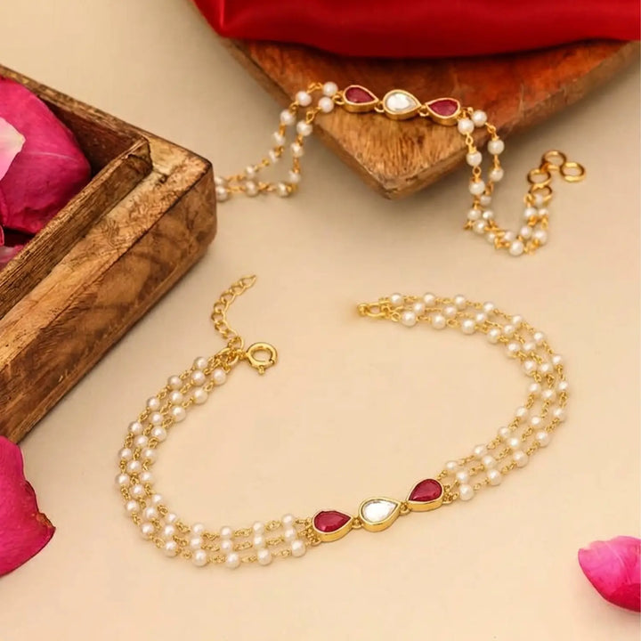 Elegant Pearl & Ruby Drop Silver Anklet - Made With Pure 925 Silver