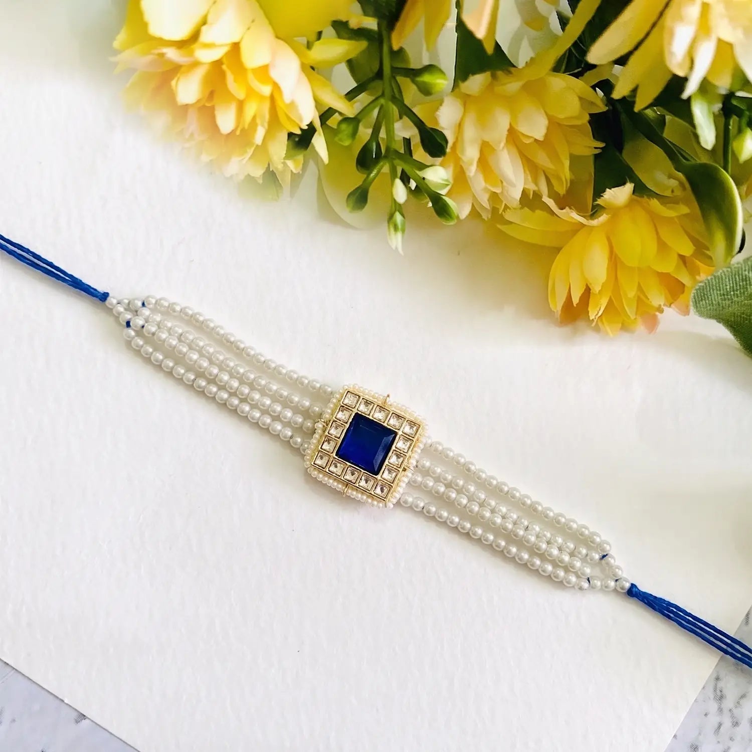 Royal Blue Pearl Silver Rakhi - Made With Pure 925 Silver