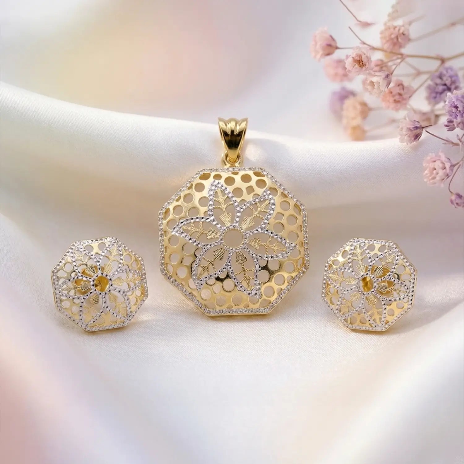 Premium Gold Polish Pure Silver Floral Hexagon Pendant Set with Earrings - Made With Pure 925 Silver