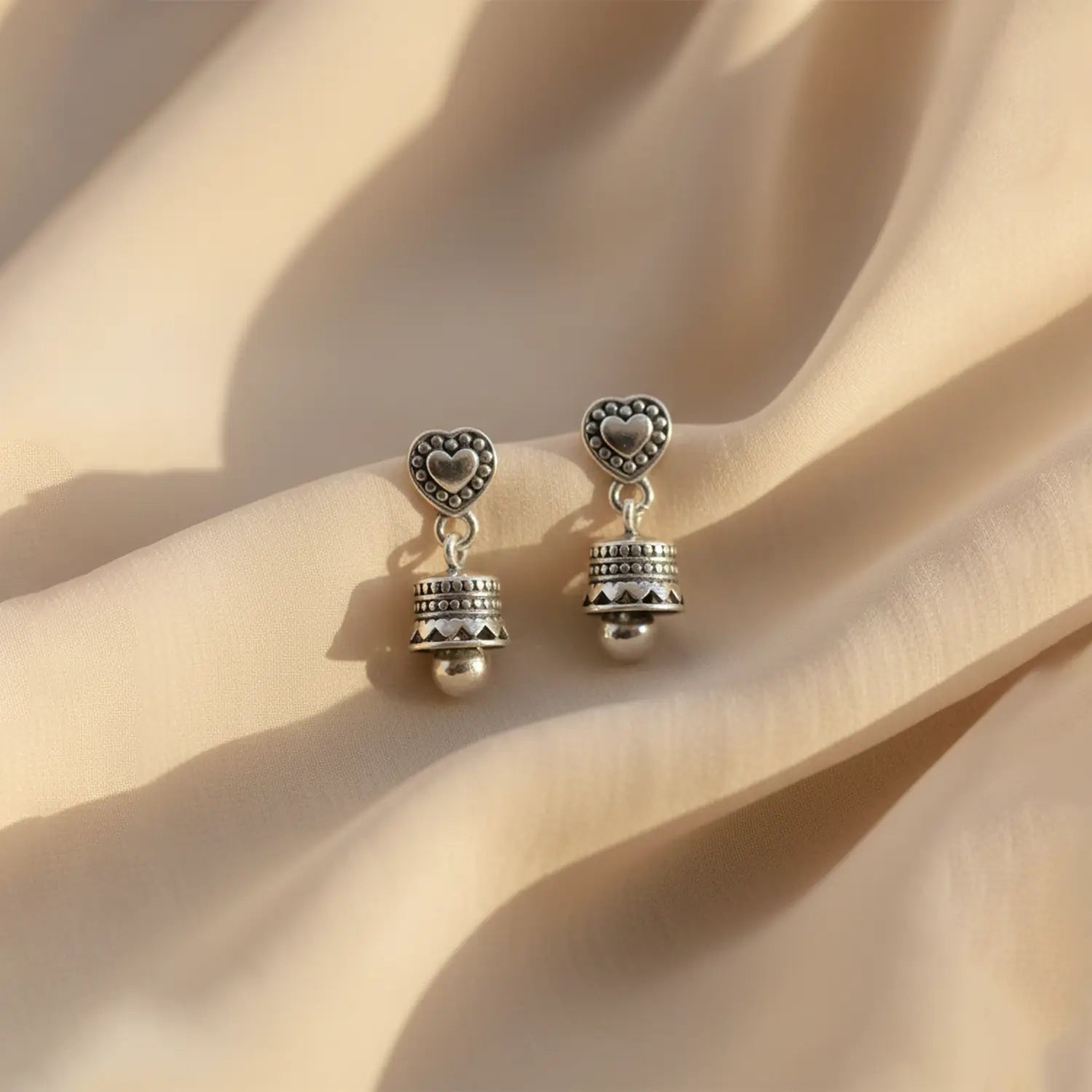 Heart Charm Pure Silver Jhumki Earrings- Made With Pure 925 Silver