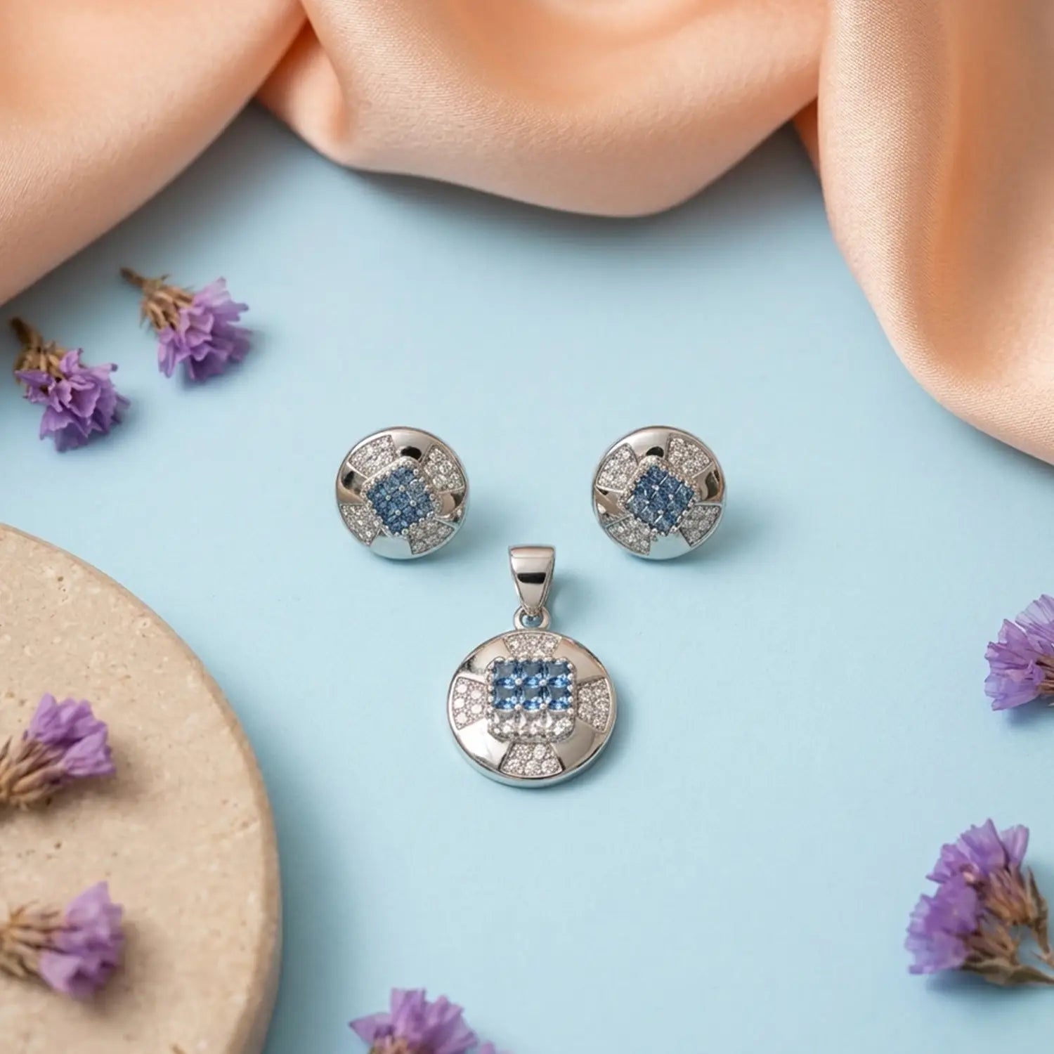 Elegant Pure Silver Blue CZ Round Pendant Set - Made With Pure 925 Silver