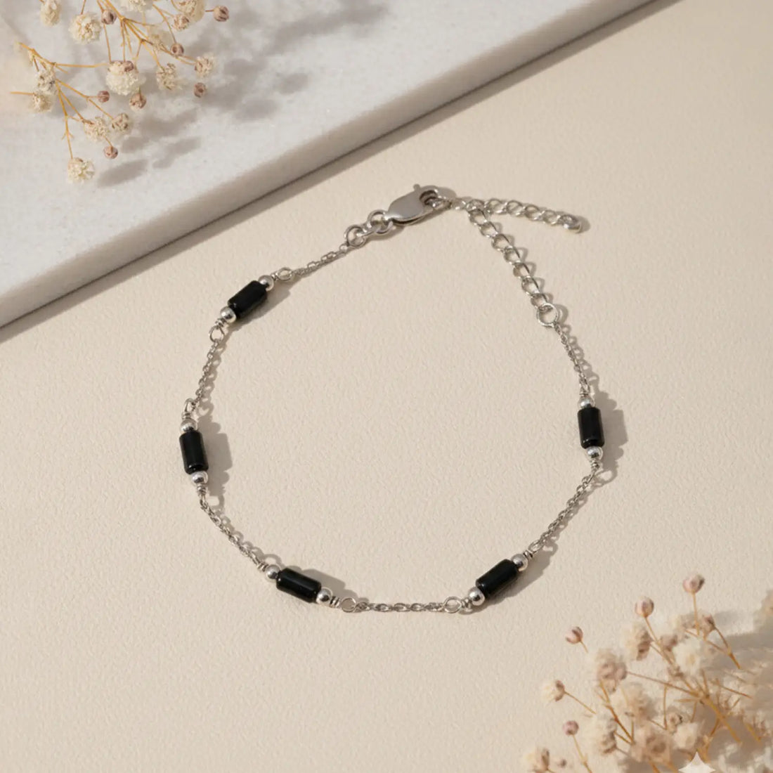 Black Bead Accent Pure Silver Bracelet - Made With Pure 925 Silver