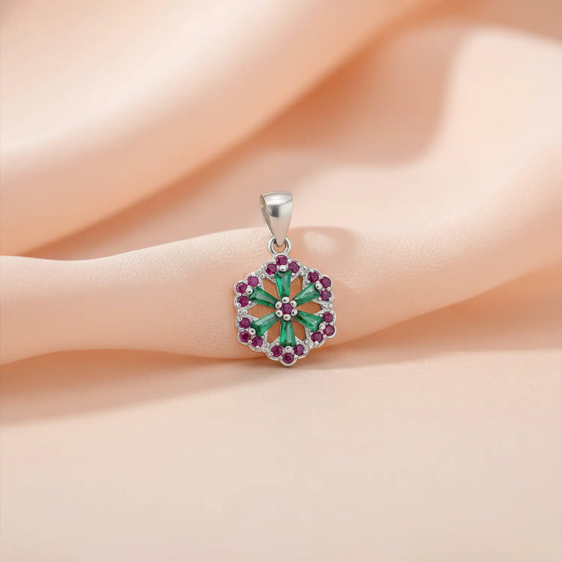 Floral Hexagon Silver Pendant with Green & Pink Stones Made With Pure 925 Silver