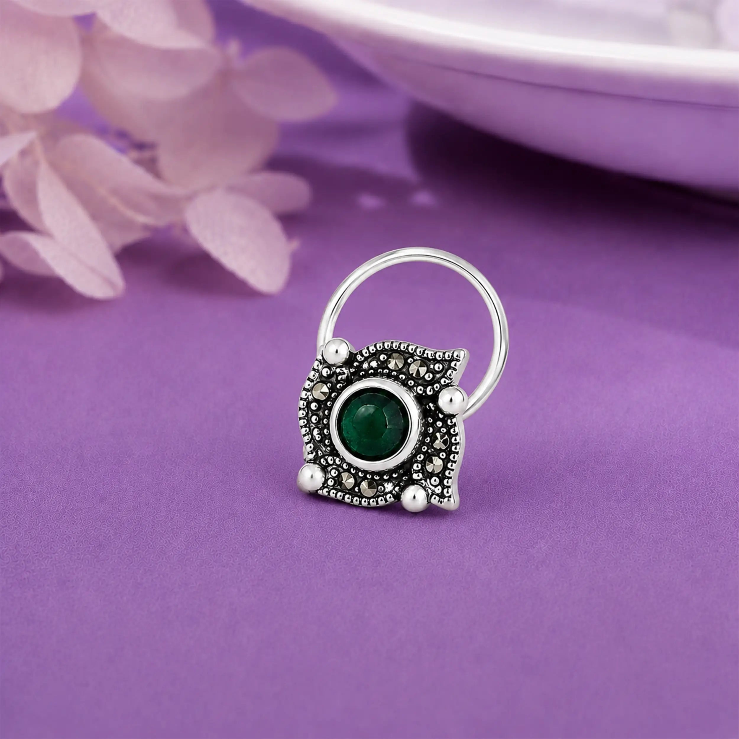 Green Stone Silver Nose Pin- Made With Pure 925 Silver