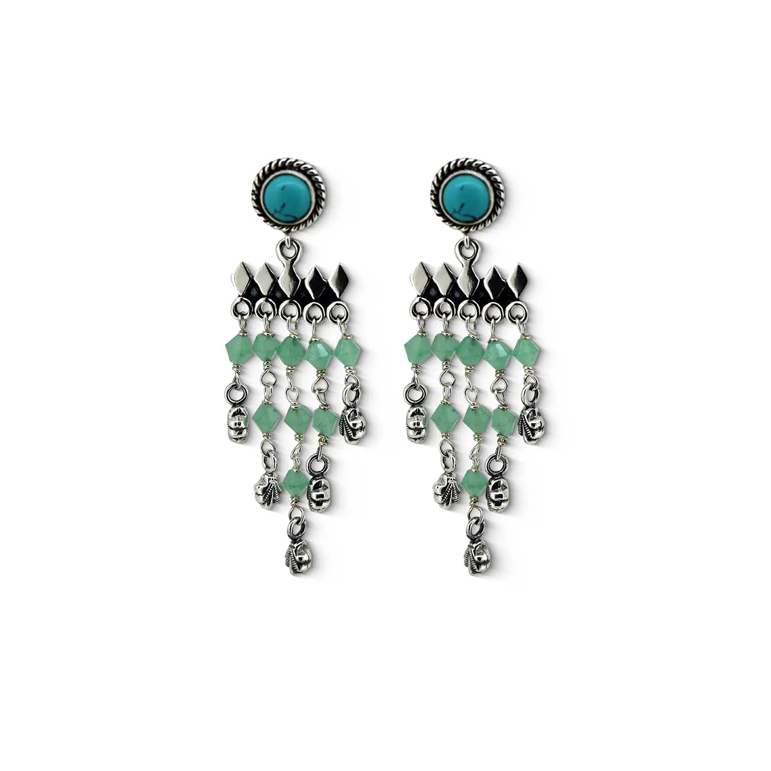 Silver Dangler Earrings with Turquoise & Green Beads- Made With Pure 925 Silver
