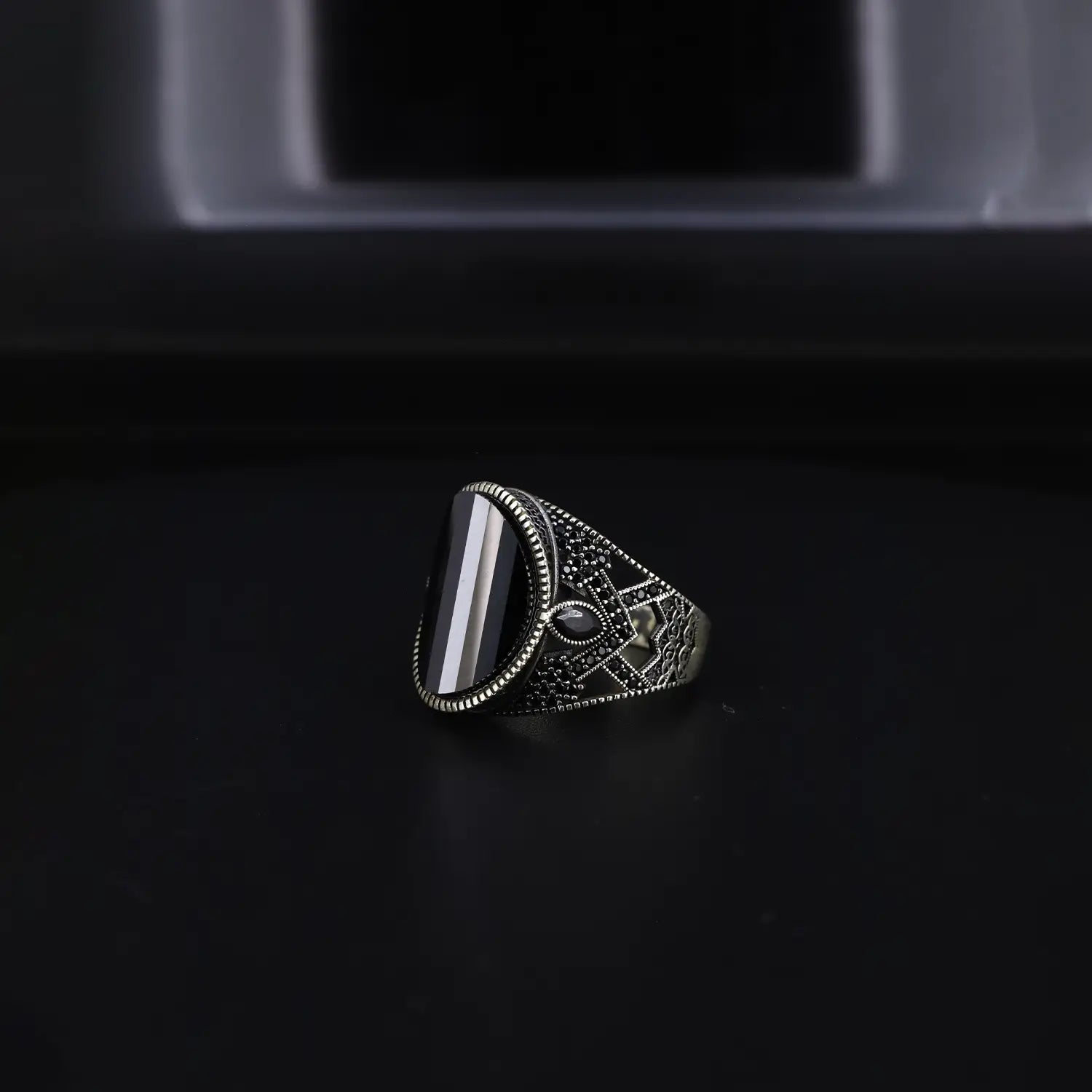 Pure Silver Black Onyx Tribal Ring - Made With Pure 925 Silver