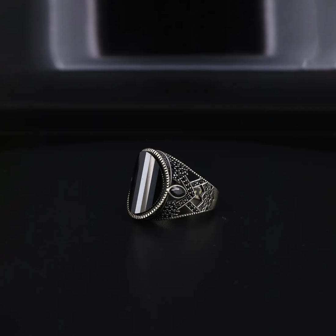 Pure Silver Black Onyx Tribal Ring - Made With Pure 925 Silver