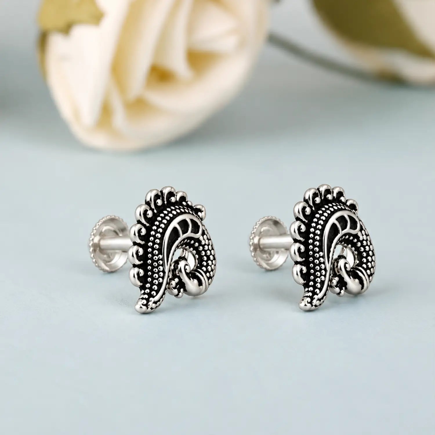 Traditional Paisley Oxidised Silver Stud Earrings - Made With Pure 925 Silver