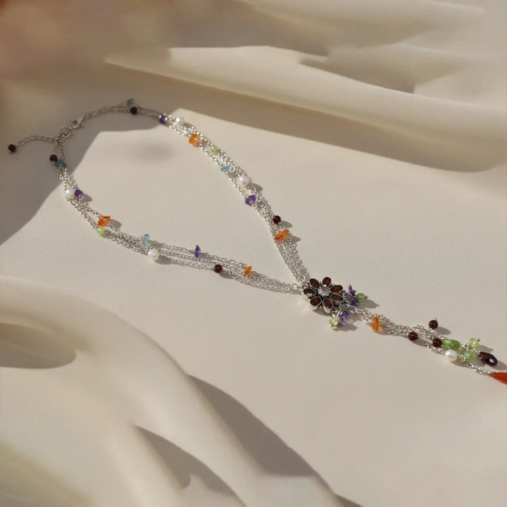 Multicolor Gemstone Floral Pure Silver Necklace- Made With Pure 925 Silver