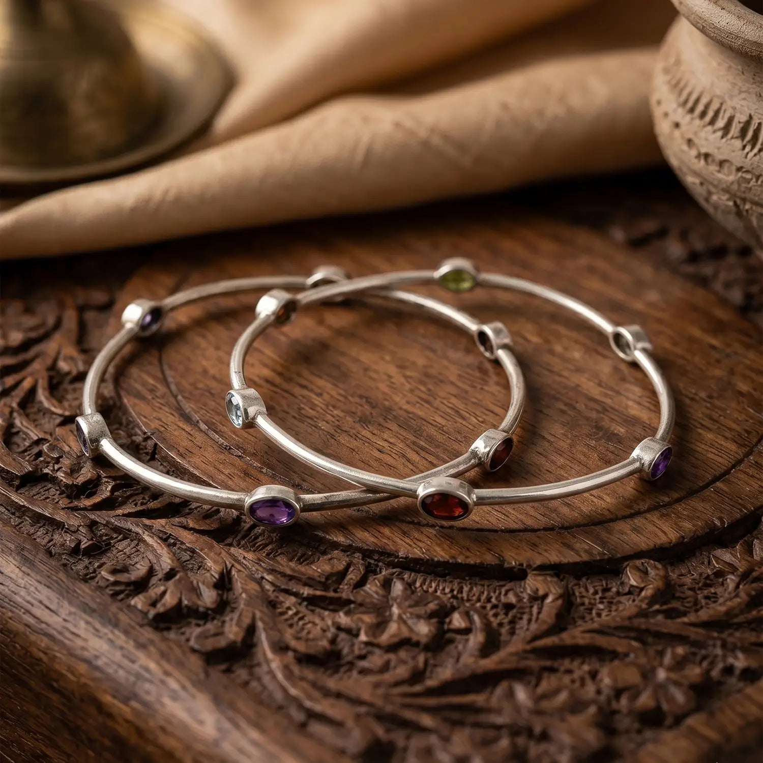Multi-Gemstone Pure Silver Bangle Set- Made With Pure 925 Silver