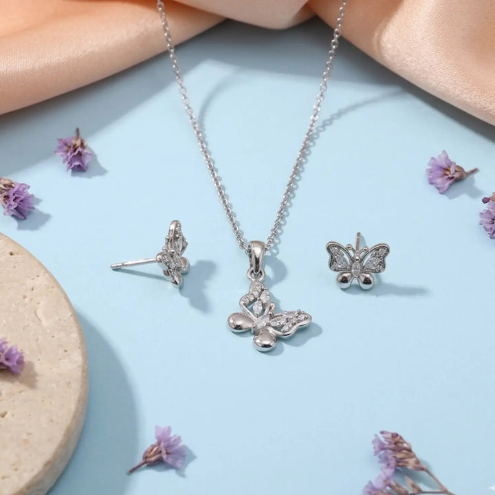 Elegant Pure Silver Butterfly CZ Pendant Set with Earrings - Made With Pure 925 Silver