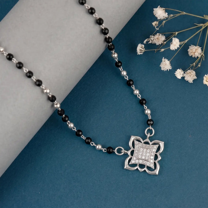 Elegant Geometric Floral Silver Mangalsutra - Made With Pure 925 Silver