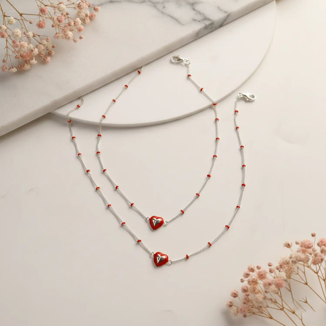 Red Heart Beaded Pure Silver Anklet- Made With Pure 925 Silver
