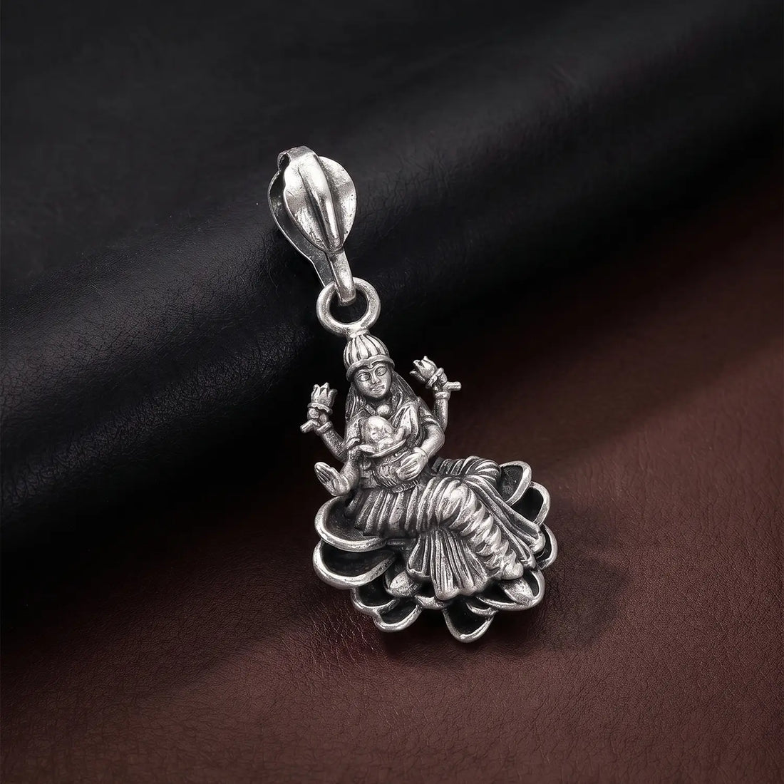 Divine Goddess Lakshmi Oxidised Silver Pendant - Made With Pure 925 Silver
