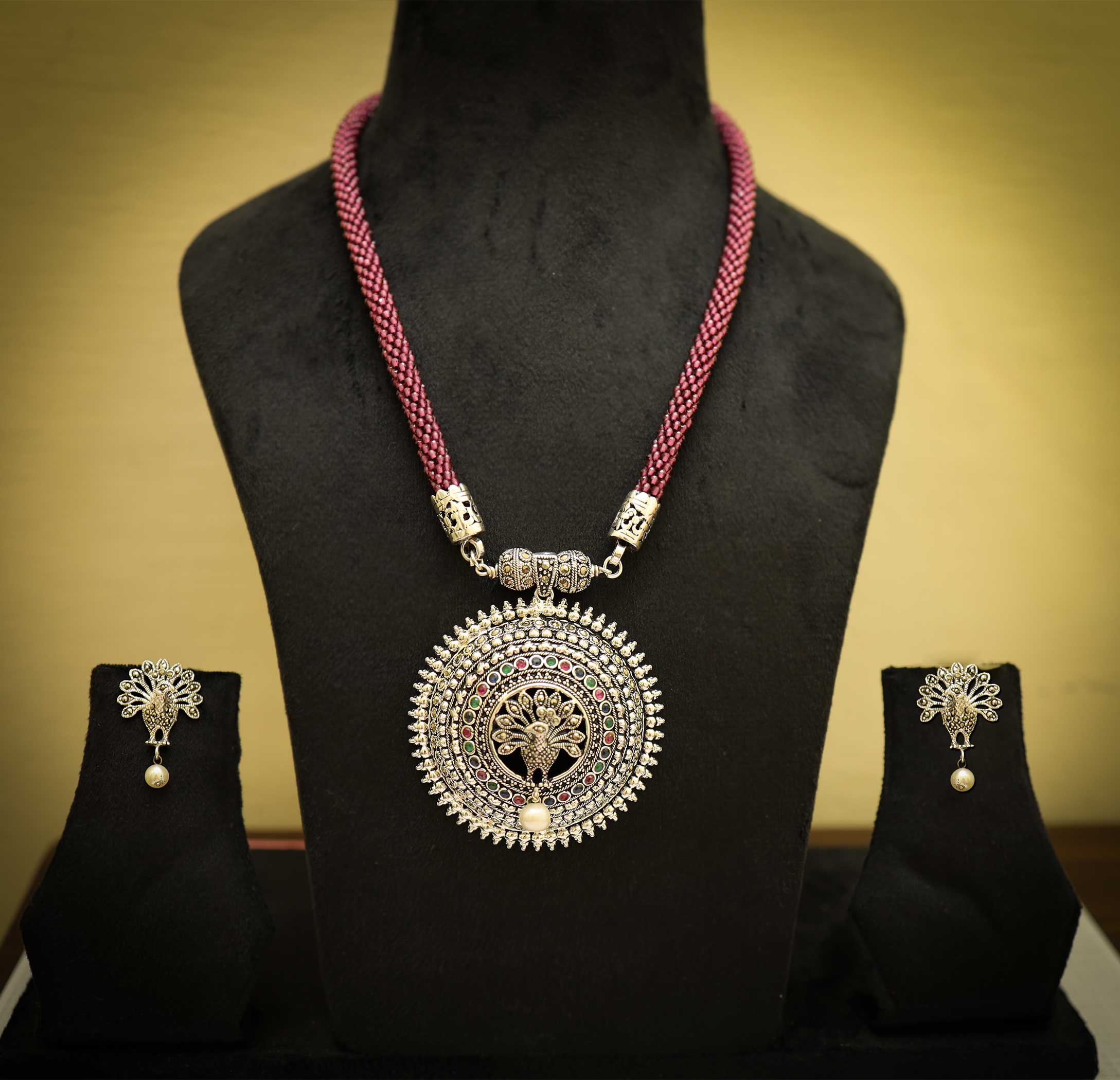 Peacock Charm Antique Silver Nacklace Set- Made With Pure 925 Silver