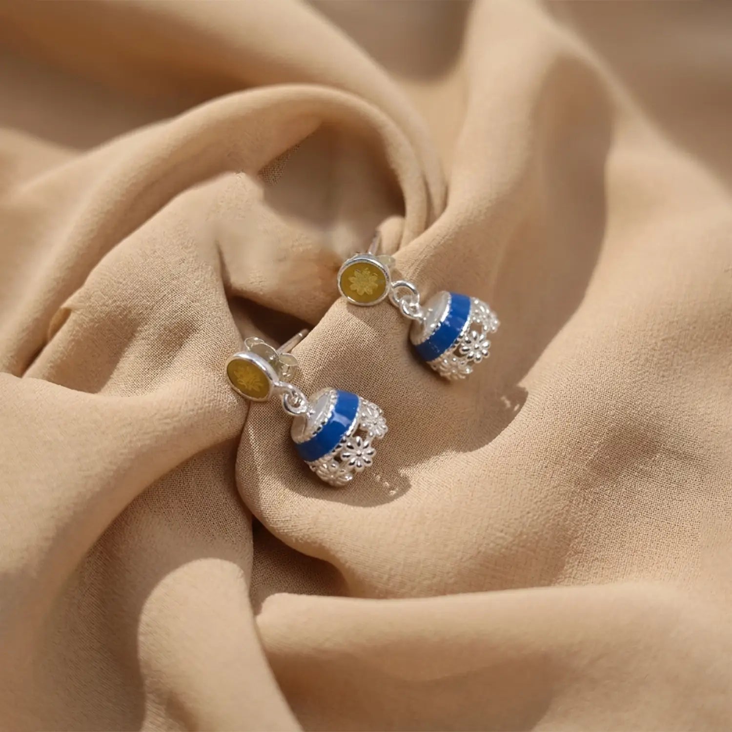 Royal Blue Enamel Pure Silver Jhumki Earrings - Made With Pure 925 Silver