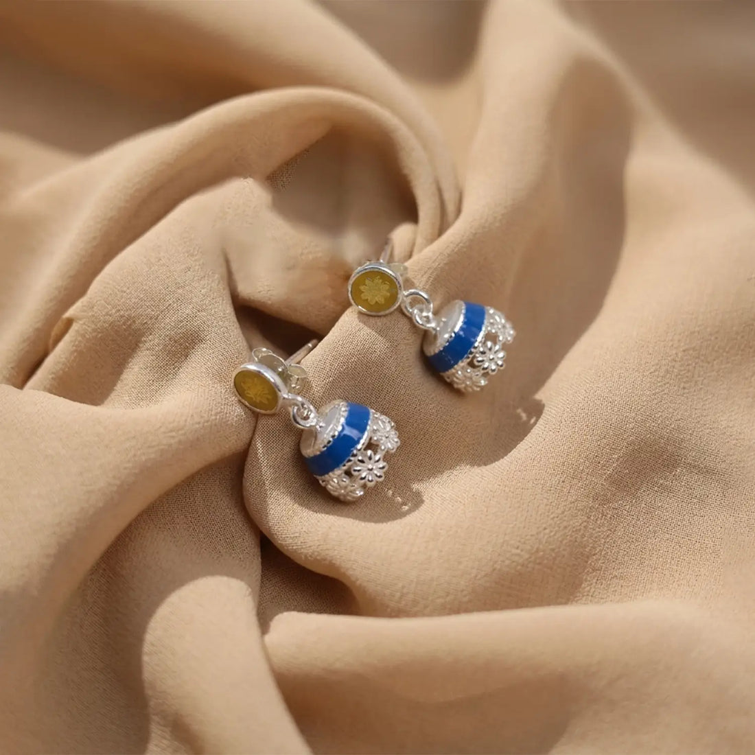 Royal Blue Enamel Pure Silver Jhumki Earrings - Made With Pure 925 Silver