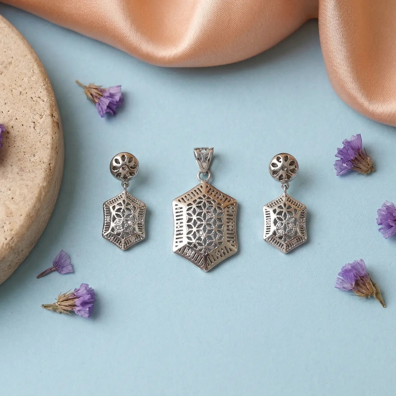 Elegant Geometric Filigree Pure Silver Pendant & Earrings Set - Made With Pure 925 Silver