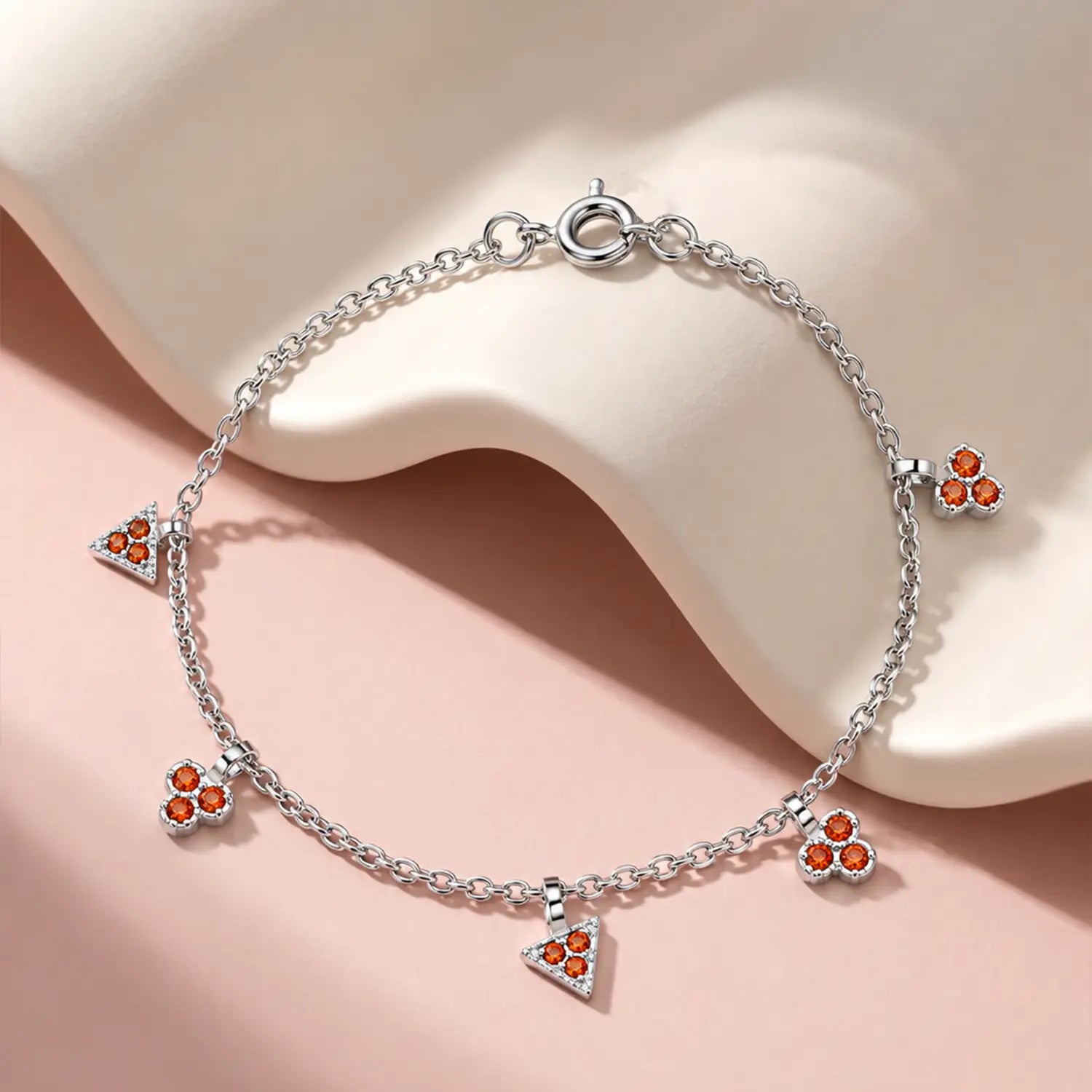 Orange Stone Charm Bracelet – Elegant Triangle & Floral Design - Made With Pure 925 Silver