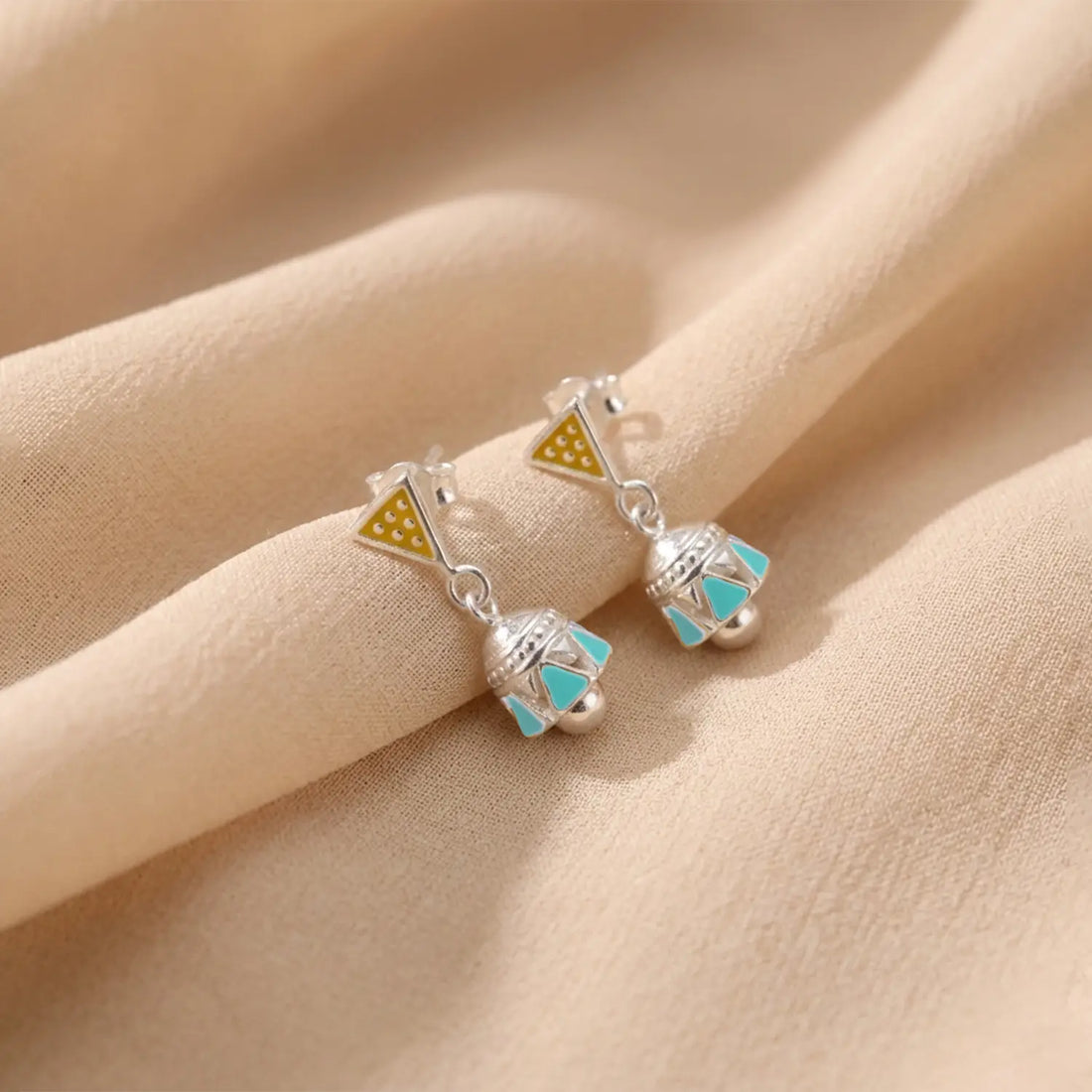 Mustard & Turquoise Geometric Pure Silver Jhumki Earrings - Made With Pure 925 Silver