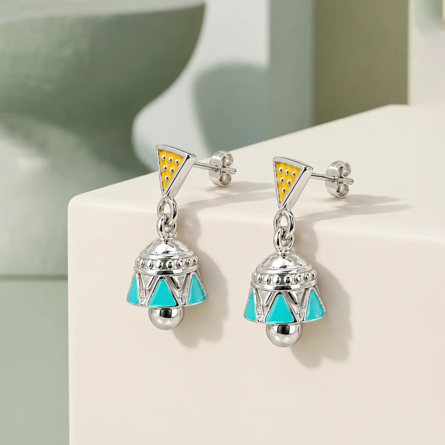 Mustard & Turquoise Geometric Pure Silver Jhumki Earrings - Made With Pure 925 Silver