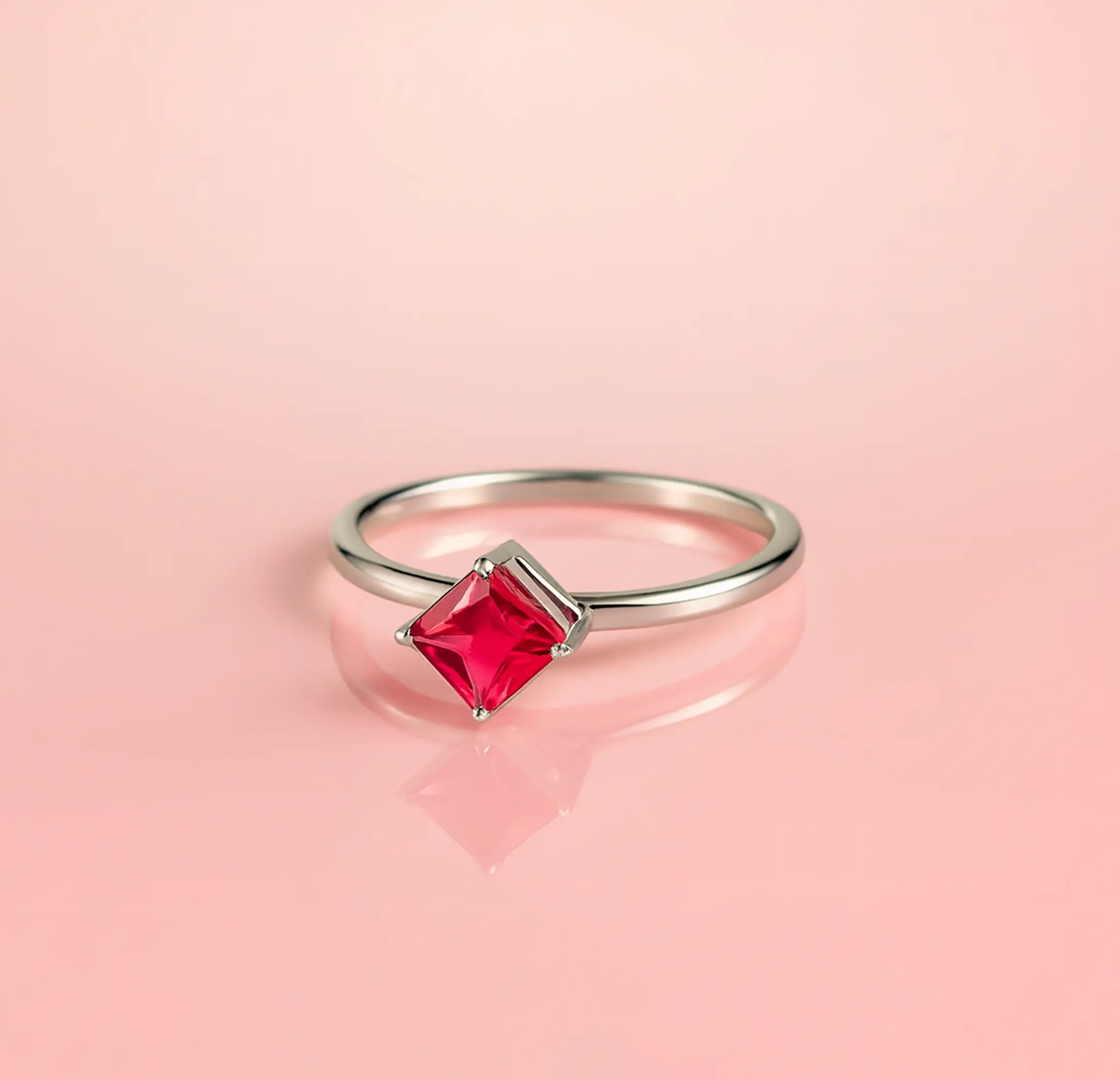 Pure Silver Princess-Cut Red Stone Ring - Made With Pure 925 Silver