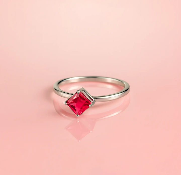 Pure Silver Princess-Cut Red Stone Ring - Made With Pure 925 Silver