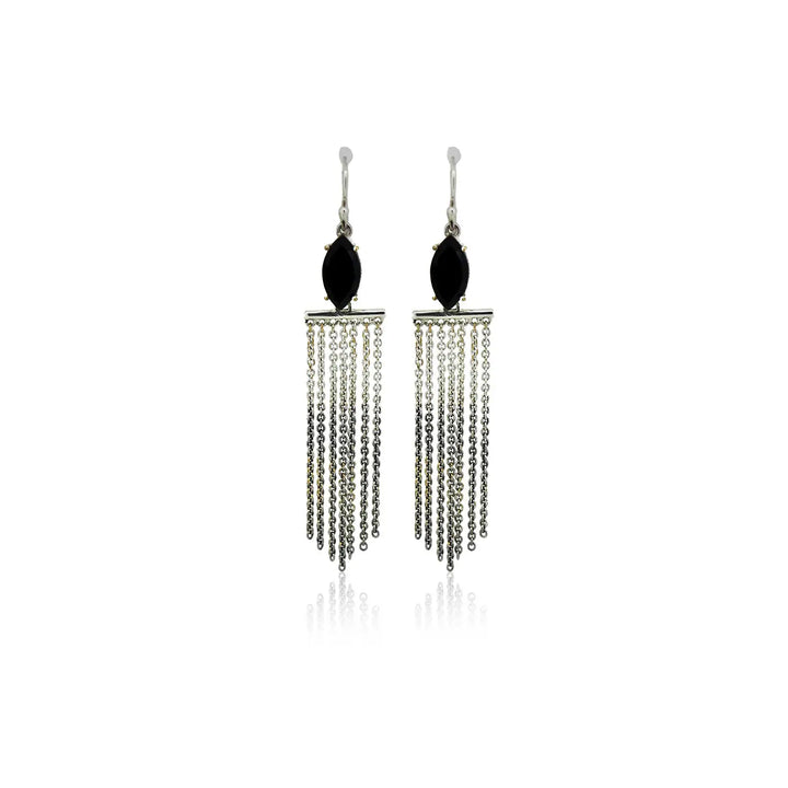 Pure Silver Chain Tassel Earrings with Black Stone- Made With Pure 925 Silver