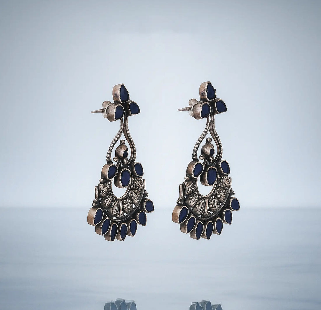 Silver Blue Stone Floral Earrings- Made With Pure 925 Silver