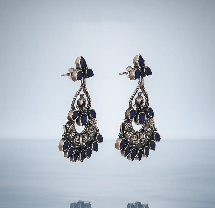 Silver Blue Stone Floral Earrings- Made With Pure 925 Silver