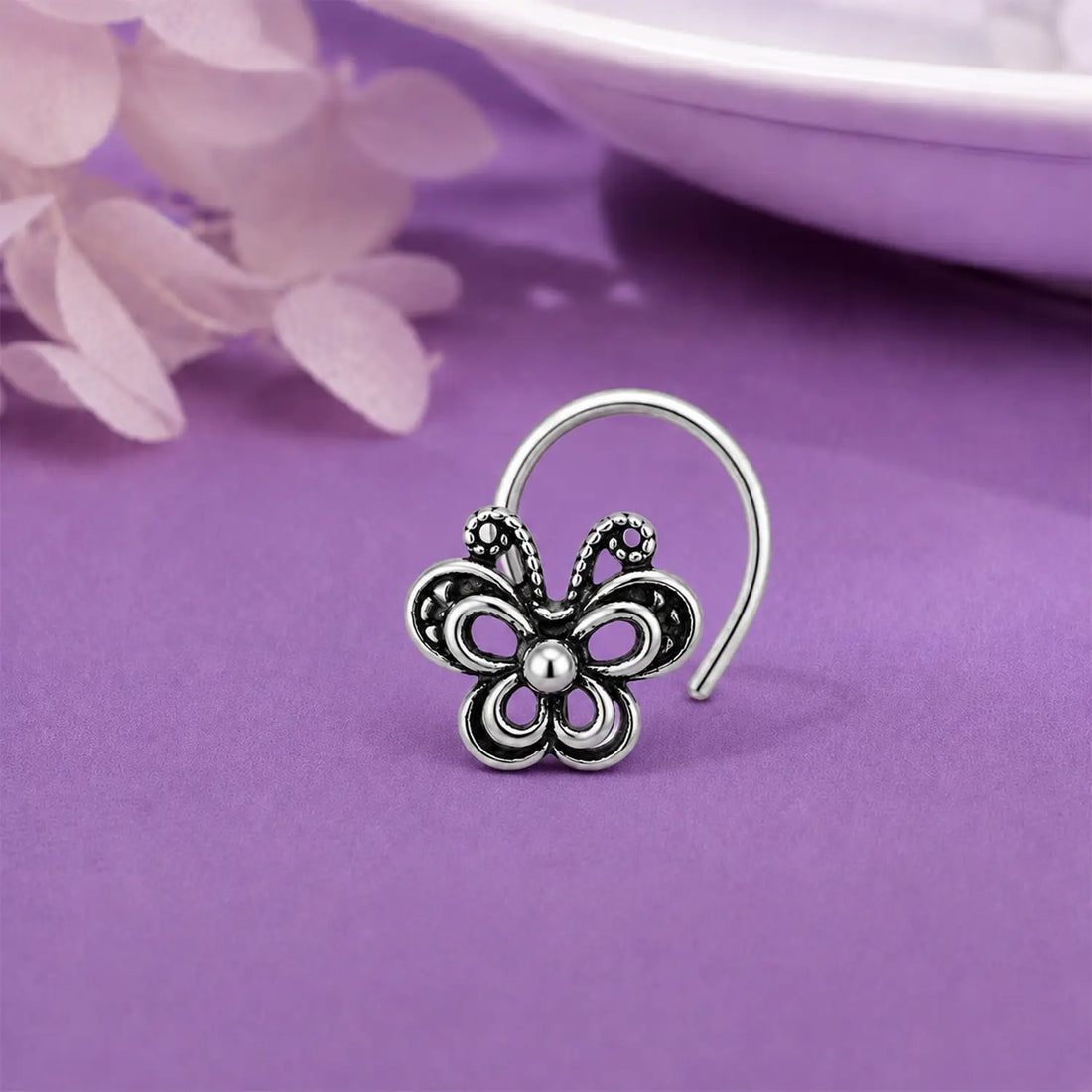 Oxidised Silver Tribal Bloom Nose Pin- Made With Pure 925 Silver