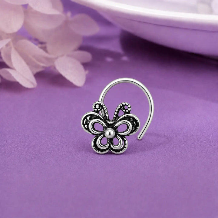 Oxidised Silver Tribal Bloom Nose Pin- Made With Pure 925 Silver