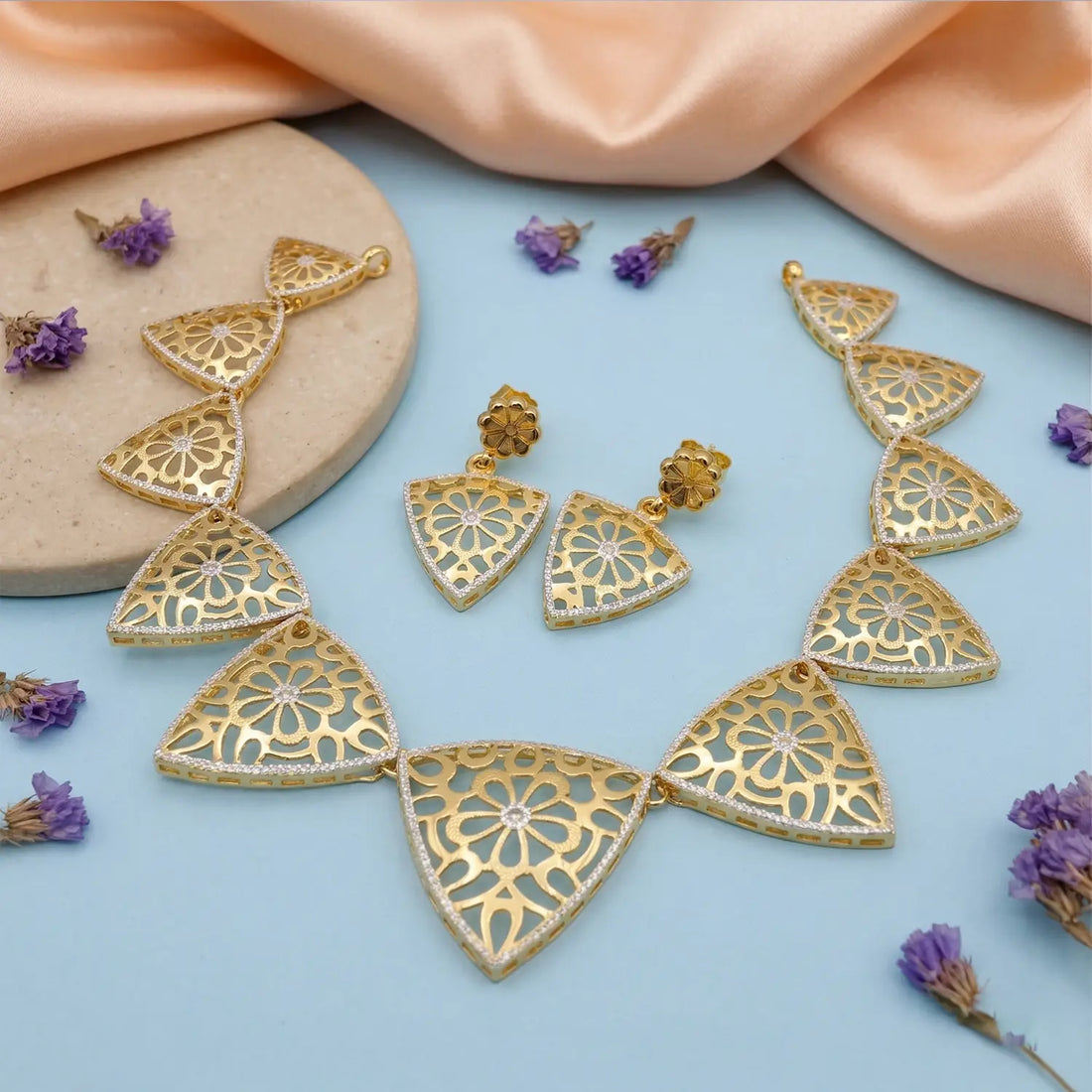 Floral Cutwork Gold Finish Pure Silver Necklace Set- Made With Pure 925 Silver