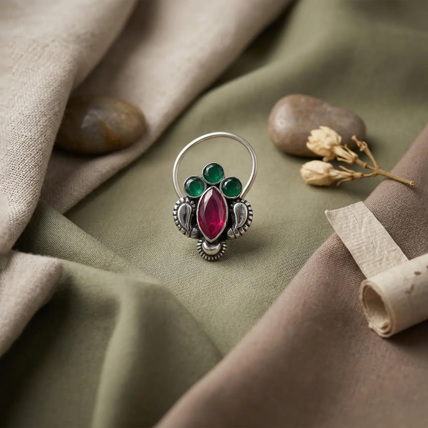 Silver Nose Pin with Green & Maroon Stones- Made With Pure 925 Silver