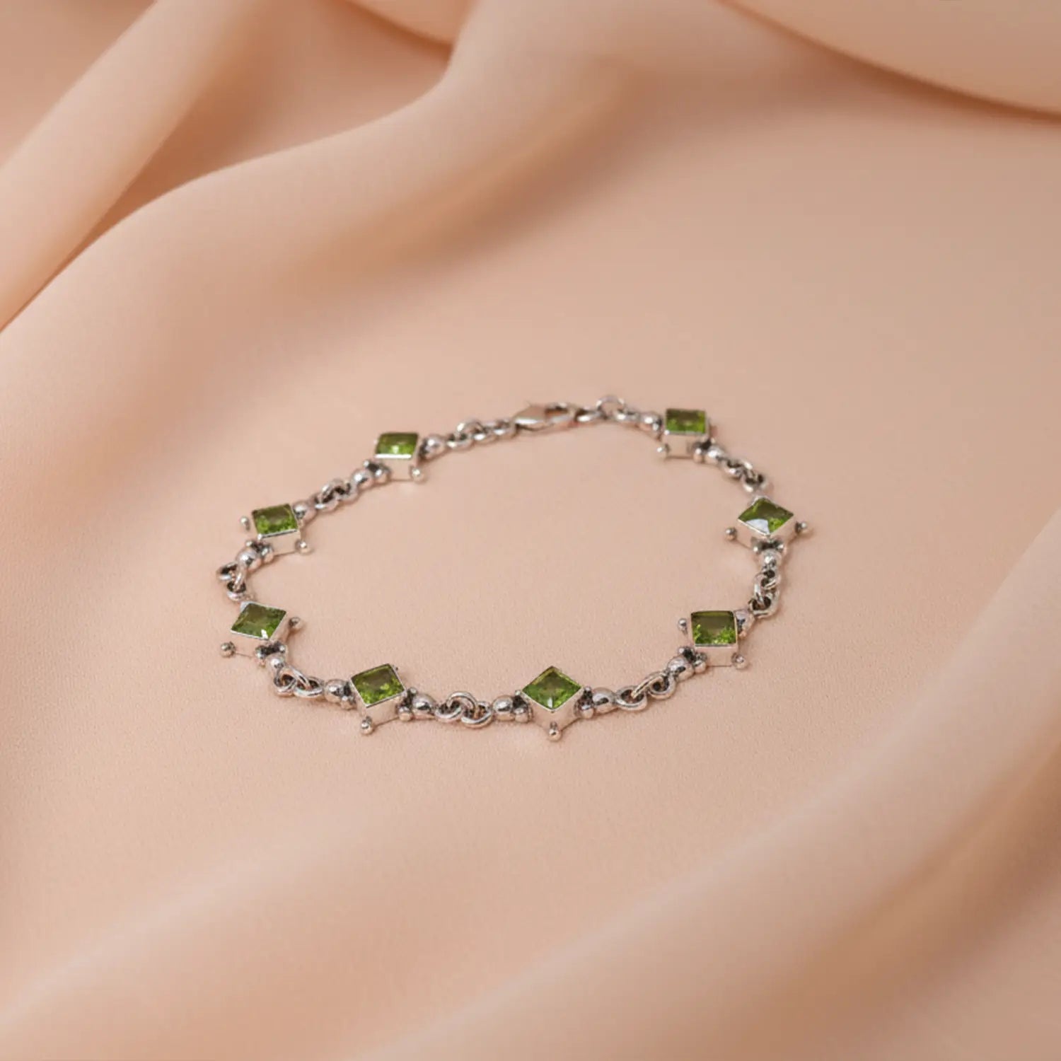 Green Peridot Square-Link Sterling Silver Bracelet- Made With Pure 925 Silver