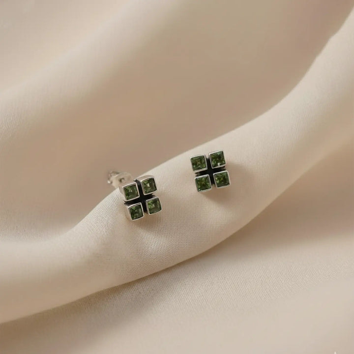 Green Stone Square Cluster Pure Silver Stud Earrings- Made With Pure 925 Silver