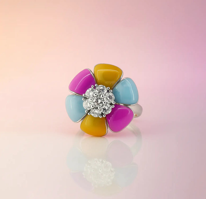 Colorful Floral Pure Silver Ring - Made With 925 Silver