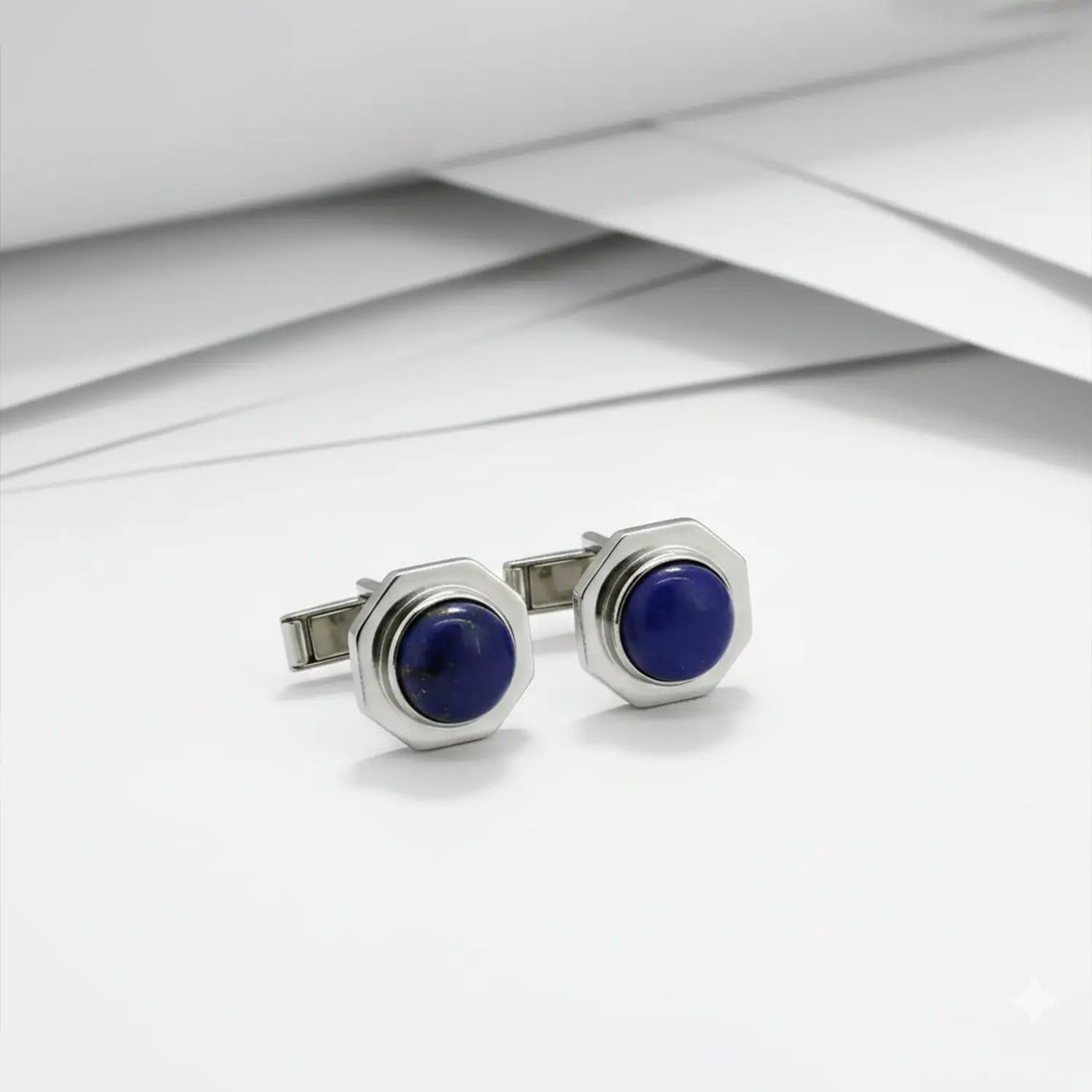 Hexagonal  Pure Silver Cufflinks with Lapis Blue Stone - Made With Pure 925 Silver